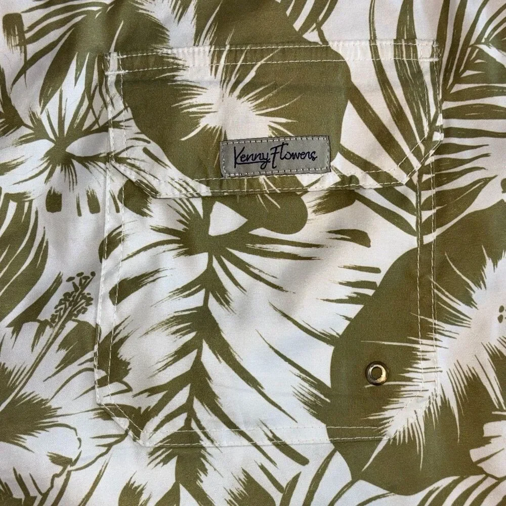 Kenny Flowers Palm Leaf Print Swim Trunks Mens Lrg White Green Lined Drawstring